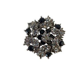 Vintage Black Clear Rhinestone Cluster Brooch Silver Tone Starburst Pin Deco